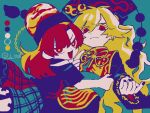  2girls bangs black_nails black_shirt blonde_hair blue_background chain chinese_clothes commentary_request expressionless eyebrows_visible_through_hair fox_print gold_chain hair_between_eyes hecatia_lapislazuli hug junko_(touhou) long_hair long_sleeves looking_at_viewer multicolored multicolored_clothes multicolored_skirt multiple_girls nail_polish off-shoulder_shirt off_shoulder open_mouth phoenix_crown polos_crown raya_(uk_0128) red_eyes red_nails redhead shirt short_sleeves simple_background skirt t-shirt tabard tassel touhou twitter_username upper_body 