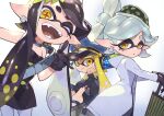  3girls agent_3_(splatoon_3) bangs bare_shoulders black_dress black_gloves black_hair black_pants blue_headwear breasts callie_(splatoon) closed_mouth coat collar cowboy_shot dress earrings fangs flip-flops gloves gold_trim grey_legwear grey_shirt hair_ornament hair_up hand_on_own_face hat hood hood_down hooded_coat jewelry kin_niku light_blush light_smile long_hair long_sleeves looking_at_viewer marie_(splatoon) metal_collar military_hat mole mole_under_eye multiple_girls oil-paper_umbrella one_eye_closed open_mouth pants pantyhose parted_lips pointy_ears sandals sash shawl shirt short_dress short_eyebrows short_hair simple_background sitting small_breasts smile splatoon_(series) splatoon_3 standing strapless swept_bangs symbol-shaped_pupils tentacle_hair thick_eyebrows torn_clothes torn_pants umbrella very_long_hair white_background white_coat white_hair yellow_eyes 