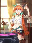  1girl absurdres atelier_(series) atelier_ryza belt cauldron cosplay gloves hat highres holding hololive hololive_english holomyth jewelry necklace open_mouth potion red_shorts reisalin_stout reisalin_stout_(cosplay) riamu_(liam_razo) short_hair short_shorts shorts solo takanashi_kiara thigh-highs vial window 