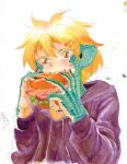  1girl blonde_hair burger claws colored_skin commentary_request dated eating food green_skin hair_ornament hairclip holding holding_food hood hoodie kanemaki_thomas monster_girl original painting_(medium) reptile_girl scales short_hair signature solo traditional_media upper_body watercolor_(medium) white_background 