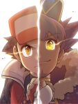  2boys bangs baseball_cap brown_hair cape champion_uniform closed_mouth coat commentary_request dark-skinned_male dark_skin eyebrows_visible_through_hair facial_hair fur-trimmed_cape fur_trim hand_up hat holding holding_poke_ball leon_(pokemon) looking_at_viewer male_focus multiple_boys nagi_(exsit00) poke_ball pokemon pokemon_(game) pokemon_masters_ex pokemon_swsh purple_hair red_(pokemon) red_coat shirt short_hair sleeveless_coat smile split_screen two-tone_headwear white_background yellow_eyes 