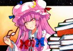  1girl book crescent crescent_hair_ornament crescent_hat_ornament dress glasses hair_ornament hat hat_ornament long_dress long_hair mob_cap patchouli_knowledge purple_hair qqqrinkappp ribbon solo striped touhou traditional_media vertical-striped_dress vertical_stripes very_long_hair 