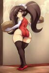  1girl ashley_(warioware) ass basket black_legwear brown_hair china_dress chinese_clothes curvy dress elbow_gloves from_behind gloves highres jadf long_hair looking_at_viewer looking_back plump red_dress red_eyes red_footwear shoes short_dress solo thick_thighs thigh-highs thighs very_long_hair warioware white_gloves 