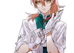  1boy adjusting_clothes adjusting_gloves alternate_eye_color chaldea_uniform expressionless fate/grand_order fate_(series) glove_pull gloves hair_between_eyes han12sara highres labcoat looking_at_viewer male_focus orange_hair romani_archaman simple_background solo spoilers white_background white_gloves yellow_eyes 