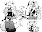  1girl absurdres arknights commentary_request dress fingerless_gloves gloves greyscale highres holding holding_nunchaku horns infection_monitor_(arknights) leizi_(arknights) long_hair looking_at_viewer monochrome multiple_views nunchaku one_eye_closed pointy_ears ponytail qilin_(mythology) see-through_dress sheer_clothes sleeveless sleeveless_dress tail thick_eyebrows translation_request twitter_username v-shaped_eyebrows very_long_hair weapon wristband yom 