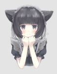  1girl :3 animal_ears bangs black_hair blunt_bangs blush bob_cut bow cat_ears ciyociyo_pi closed_mouth eyelashes grey_background grey_bow grey_eyes grey_neckwear heart highres maid maid_headdress original short_hair simple_background smile solo upper_body 