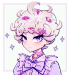  1boy :&lt; ahoge bangs bede_(pokemon) bell blonde_hair blush btms666 buttons closed_mouth collar commentary crossdressing curly_hair dress eyelashes frills hair_ornament looking_at_viewer maid_day male_focus neck_bell pokemon pokemon_(game) pokemon_swsh short_hair solo sparkle upper_body violet_eyes 