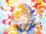  1girl abstract_background autumn autumn_leaves bangs black_neckwear black_sailor_collar blonde_hair closed_eyes commentary dated_commentary highres leaf maple_leaf neckerchief open_mouth original sailor_collar shirt short_hair solo twitter_username upper_body warabimoti_yoz white_background white_shirt wind 
