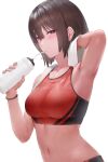  1girl aos arm_up armpits blush bottle bracelet breasts brown_hair closed_mouth commentary drinking earrings highres holding holding_bottle jewelry looking_at_viewer medium_breasts navel original short_hair simple_background solo sports_bra stomach sweat towel towel_around_neck upper_body violet_eyes white_background 