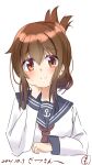  1girl absurdres anchor_symbol blue_sailor_collar brown_eyes brown_hair commentary_request dated folded_ponytail hand_on_own_face highres inazuma_(kancolle) kantai_collection long_hair looking_at_viewer neckerchief red_neckwear sailor_collar sakurai_nana_(moshichi) school_uniform serafuku simple_background solo upper_body white_background 