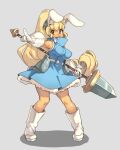  1girl :d animal_ears ankle_boots armor blonde_hair blue_dress boots breasts brown_eyes commentary dress english_commentary faulds full_body gloves grey_background holding holding_polearm holding_weapon large_breasts long_hair looking_at_viewer open_mouth original pointing pointing_at_viewer polearm ponytail rabbit_ears rabbit_girl simple_background smile solo spear standing vins-mousseux weapon white_footwear white_gloves 