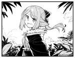  1girl :d animal_ears arknights border bow commentary eyebrows_visible_through_hair fox_ears fur-trimmed_jacket fur_trim greyscale hair_bow halftone highres jacket long_hair monochrome open_clothes open_jacket open_mouth perfumer_(arknights) plant shirt sidelocks simple_background smile solo symbol-only_commentary teeth twitter_username upper_body upper_teeth white_background yom 