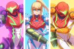  1girl arm_cannon blue_background blue_eyes enni gravity_suit helmet highres looking_at_viewer metroid metroid_dread mole mole_under_mouth multiple_persona ponytail power_armor purple_background samus_aran serious varia_suit weapon yellow_background 
