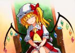  1girl :d ^_^ ascot bangs bow chair closed_eyes crystal eyebrows_visible_through_hair flandre_scarlet gradient gradient_background hat mob_cap one_side_up open_mouth orange_background puffy_short_sleeves puffy_sleeves qqqrinkappp rainbow_order red_bow red_skirt red_vest shirt short_hair short_sleeves sitting skirt smile solo touhou traditional_media upper_body v_arms vest white_headwear white_shirt wings wrist_cuffs yellow_neckwear 