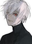  1boy bright_pupils check_copyright closed_mouth copyright_request heterochromia highres looking_at_viewer male_focus noroma02 original red_eyes simple_background sketch smile solo turtleneck upper_body white_eyes white_hair white_pupils 