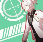  1boy bangs black_pants black_vest bow bowtie collared_shirt danganronpa_(series) danganronpa_10th_anniversary_costume danganronpa_2:_goodbye_despair dress_shirt green_background grey_background grey_shirt hair_between_eyes highres illlight jacket komaeda_nagito male_focus medium_hair official_alternate_costume pants shirt short_ponytail solo upper_body vest white_background white_hair white_jacket 