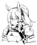  1girl animal_ears arknights armor commentary_request cropped_torso greyscale hair_between_eyes headset horse_ears implied_extra_ears looking_at_viewer monochrome nearl_(arknights) ponytail rhodes_island_logo simple_background sketch solo split_mouth twitter_username upper_body white_background yom 