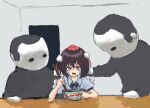  1girl 2others artist_request black_ribbon blank_room_soup bowl brown_hair collared_shirt crying crying_with_eyes_open eating food hat looking_at_viewer meme multiple_others open_mouth parody pom_pom_(clothes) rayray red_eyes ribbon shameimaru_aya shirt short_hair soup spoon tears tengu tokin_hat touhou white_shirt 