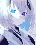  1girl bangs blue_eyes cevio closed_mouth commentary_request eyebrows_visible_through_hair grey_background hair_between_eyes hair_ornament heterochromia highres kafu_(cevio) long_hair looking_at_viewer poono simple_background solo violet_eyes white_hair 