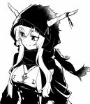  1girl arknights breasts commentary demon_horns eyebrows_visible_through_hair greyscale hair_between_eyes hood hood_up horns horns_through_hood long_hair looking_to_the_side medium_breasts monochrome scarf shining_(arknights) sidelocks simple_background solo upper_body white_background yom 