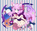  1girl absurdres alternate_costume animal_ears azur_lane black_cat brown_legwear cat center_frills eyebrows_visible_through_hair fox_ears fox_tail frills ghost green_eyes hair_ornament halloween hanazuki_(azur_lane) hat highres jack-o&#039;-lantern long_hair looking_at_viewer moo_(umineko) pink_hair pumpkin simple_background solo tail thigh-highs witch_hat 