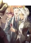 2boys 2girls animal_ears arknights black_jacket blurry blush bokeh bow bowtie cat_ears collared_shirt commentary cup depth_of_field dress_jacket dress_shirt driftingtiger drinking_glass english_commentary formal green_eyes heidi_(arknights) highres holding holding_cup jacket kal&#039;tsit_(arknights) long_sleeves multiple_boys multiple_girls no_eyes open_clothes open_jacket pink_hair shirt short_hair sidelocks tuxedo upper_body white_bow white_hair white_neckwear white_shirt wine_glass 