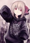  1girl absurdres blonde_hair casual english_text highres hood hoodie lit_ter open_mouth oversized_clothes pentagram red_eyes rumia short_hair sleeves_past_fingers sleeves_past_wrists slit_pupils solo touhou upper_body 