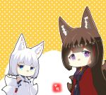  2girls amagi_(azur_lane) animal_ears azur_lane bangs blue_eyes blunt_bangs brown_hair chibi commentary_request detached_sleeves eyebrows_visible_through_hair eyeshadow fox_ears fox_girl fox_tail hair_ornament japanese_clothes kaga_(battleship)_(azur_lane) kyuubi long_hair long_sleeves looking_at_viewer makeup multiple_girls multiple_tails short_hair sidelocks tail taisa_(kari) thick_eyebrows violet_eyes white_hair wide_sleeves 