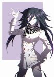  1girl \m/ bangs black_hair black_legwear breasts buttons checkered checkered_scarf cowboy_shot danganronpa_(series) danganronpa_v3:_killing_harmony double-breasted genderswap genderswap_(mtf) grin hair_between_eyes hand_on_hip hand_up highres illlight large_breasts legs_apart long_hair long_sleeves looking_at_viewer miniskirt one_eye_closed ouma_kokichi pink_eyes purple_background scarf skirt smile straitjacket thigh-highs twintails white_background white_legwear white_skirt 
