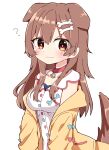 1girl :3 ? animal_ears bangs blush bone_hair_ornament brown_eyes brown_hair buttons closed_mouth collarbone dog_ears dog_girl dog_tail dress extra_ears hair_between_eyes hair_down hair_ornament hairclip hololive inugami_korone jacket long_hair looking_at_viewer off_shoulder open_clothes open_jacket rabiiandrain smile solo tail upper_body virtual_youtuber white_dress yellow_jacket 