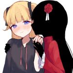  2girls arm_around_shoulder blonde_hair blue_eyes blush dress emilico_(shadows_house) flower genkaku_yurityu hair_flower hair_ornament hair_tie holding_hands kate_(shadows_house) long_hair looking_at_another looking_at_viewer multiple_girls red_dress shadows_house smile sweat wavy_mouth yuri 