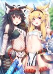  2girls animal_ear_fluff animal_ears bandeau bangs black_gloves black_hair black_hairband black_legwear blonde_hair blush brown_gloves commentary_request cowboy_shot eyebrows_visible_through_hair fishnet_top fishnets fox_ears fox_girl gloves hair_between_eyes hairband highres horns kirin_(armor) long_hair looking_at_viewer monster_hunter_(series) multiple_girls nargacuga_(armor) navel open_mouth original pelvic_curtain purple_hair red_eyes roshin sidelocks single_horn standing stomach thigh-highs tooth very_long_hair weapon weapon_request white_tube_top 