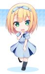  1girl 22/7 :o blonde_hair blue_bow bow braid chibi dress eyebrows_visible_through_hair green_eyes hair_ornament hair_ribbon highres looking_at_viewer mocchii open_mouth ribbon saitou_nicole school_uniform short_hair single_braid 