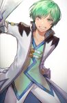  1boy belt coat collarbone commentary_request green_hair grey_eyes highres holding holding_sword holding_weapon male_focus pants penguu_(green528) sheath shirt smile solo spada_belforma standing sword tales_of_(series) tales_of_innocence unsheathed weapon 