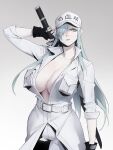  1girl bangs black_gloves breasts dongho_kang fingerless_gloves gloves grey_background grey_hair hair_over_one_eye hat hataraku_saibou highres holding holding_sword holding_weapon long_hair looking_at_viewer no_bra pants silver_hair simple_background solo sword weapon 