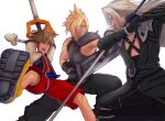  blonde_hair blue_eyes brown_hair buster_sword cloud_strife final_fantasy final_fantasy_vii fingerless_gloves gloves jewelry keyblade kingdom_hearts kingdom_hearts_i male_focus masamune_(ffvii) multiple_boys necklace open_mouth sephiroth short_hair silver_hair sora_(kingdom_hearts) spiky_hair stormyorha super_smash_bros. 