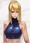  1girl absurdres bangs bare_shoulders blonde_hair breasts clothing_cutout crop_top green_eyes halter_top halterneck hara_kenshi highres lips looking_at_viewer metroid mole mole_under_mouth navel_cutout ponytail samus_aran solo tank_top upper_body 