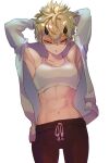  &gt;:) 1girl abs armpits arms_behind_head bangs bare_shoulders black_legwear blonde_hair bra collarbone cowboy_shot ear_piercing highres horns jacket jacket_removed leggings muscular muscular_female navel orange_eyes original piercing rasetsu001 short_hair simple_background solo sports_bra tomboy underwear v-shaped_eyebrows white_background white_bra white_jacket 