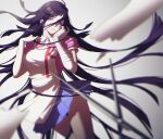  1girl apron bandaged_arm bandaged_hand bandages bangs black_hair blue_skirt blurry blurry_foreground blush breasts commentary_request cowboy_shot danganronpa_(series) danganronpa_2:_goodbye_despair dutch_angle gradient gradient_background grey_background hair_between_eyes hand_on_own_cheek hand_on_own_face hands_up illlight large_breasts long_hair looking_at_viewer mole mole_under_eye open_mouth pink_eyes pink_shirt pleated_skirt puffy_short_sleeves puffy_sleeves purple_hair shirt short_sleeves skirt solo teeth tsumiki_mikan 