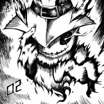  2021 belt digimon digimon_(creature) finger_on_hat ghost ghostmon hat highres inktober keyliom monochrome open_mouth signature stitched_mouth stitches upper_body 
