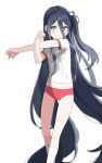  1girl :t absurdly_long_hair arisu_(blue_archive) billbung blue_archive blue_eyes buruma dark_blue_hair gym_uniform hair_between_eyes long_hair looking_at_viewer midriff pout red_buruma shirt short_sleeves simple_background solo standing stretch very_long_hair white_background white_legwear white_shirt 