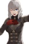  1girl ascot bangs blue_eyes bodysuit breasts brooch eden_grenze gloves grey_bodysuit grey_hair jewelry kageshio_(276006) large_breasts long_sleeves looking_at_viewer medium_hair one_eye_closed open_mouth outstretched_arm red_gloves red_neckwear silver_(eden) smile solo 