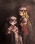  2girls absurdres ascot bangs bat_wings blonde_hair blush bow brown_background chair crystal faux_traditional_media flandre_scarlet frilled_shirt_collar frilled_sleeves frills hat highres looking_at_viewer mob_cap multiple_girls nepperoni puffy_short_sleeves puffy_sleeves purple_hair rainbow_order red_bow red_neckwear red_skirt red_vest remilia_scarlet short_hair short_sleeves siblings side_ponytail simple_background sisters sitting skirt smile standing touhou vest wings yellow_neckwear 