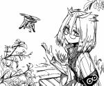  1girl arknights armband commentary drone eyebrows_visible_through_hair feather_hair greyscale hand_up jacket looking_at_viewer monochrome owl_ears plant rhine_lab_logo short_hair silence_(arknights) simple_background sketch solo twitter_username underwear upper_body white_background yom 