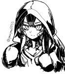  1girl arknights bandaid bandaid_on_cheek boxing_gloves commentary flint_(arknights) greyscale hair_between_eyes hands_up hood hood_up looking_at_viewer monochrome neck_tattoo portrait short_hair simple_background sketch solo straight-on tattoo twintails v-shaped_eyebrows white_background yom 