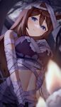  1girl akatsuki_(pixiv23539542) animal_ears bandaged_arm bandaged_hand bandages bare_tree blue_eyes blurry blurry_foreground breasts brown_hair candle closed_mouth crop_top depth_of_field empty_eyes from_below horse_ears large_breasts long_hair looking_at_viewer looking_down moon navel night outdoors smile solo super_creek_(umamusume) tree umamusume upper_body very_long_hair 