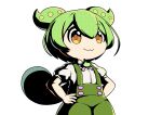  1girl :3 absurdres green_hair hands_on_hips highres overalls ponytail pose puffy_short_sleeves puffy_sleeves short_sleeves solo transparent_background twintails voicevox yellow_eyes zundaghost zundamon 