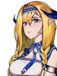  1girl absurdres arknights blonde_hair blue_eyes blush breasts highres horns large_breasts long_hair looking_at_viewer saileach_(arknights) solo 