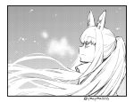  1girl animal_ears arknights border breath commentary eyebrows_visible_through_hair floating_hair from_side greyscale halftone horse_ears jacket long_hair looking_up monochrome platinum_(arknights) ponytail portrait profile sidelocks solo twitter_username very_long_hair yom 