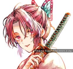  1girl animal_print bangs butterfly_hair_ornament butterfly_print colorful commentary_request dated hair_ornament haori happy_birthday holding holding_sheath jacket japanese_clothes katana kimetsu_no_yaiba kochou_shinobu mutospectacle purple_hair sheath sheathed smile solo sword upper_body weapon white_jacket 